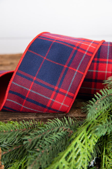 4" x 5 Yard Red & Navy Plaid Check Ribbon