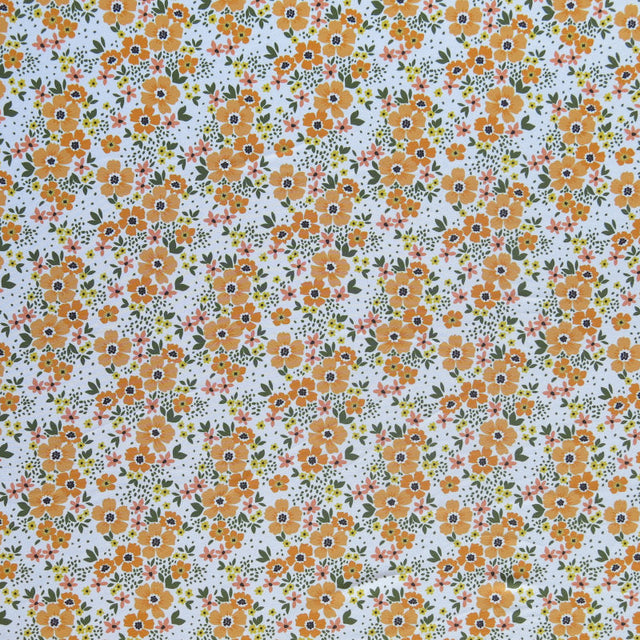 Swim Knit Tangerine Daisies on White Poly Spandex