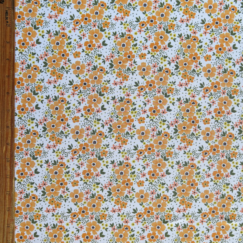 Swim Knit Tangerine Daisies on White Poly Spandex