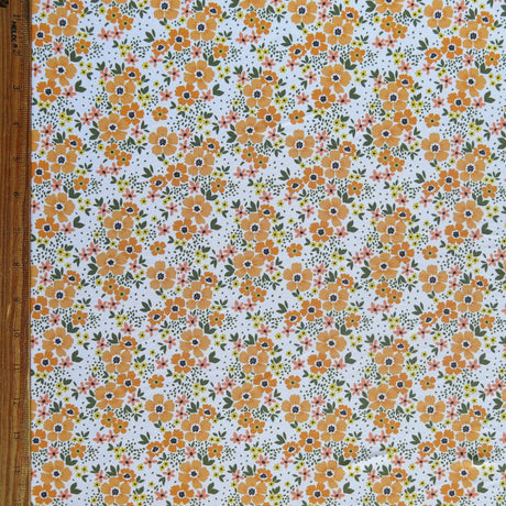 Swim Knit Tangerine Daisies on White Poly Spandex