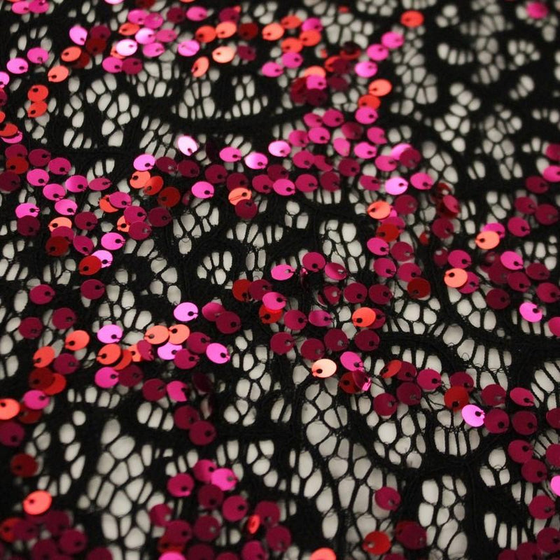 Tango Stretch Lace Sequin Fabric - Black/Fuchsia/Red, Black/Purple/Silver, Black/Red/Gold, Black/Turquoise/Gold, 54/55" Cut Width, 48/49" Usable Width (1 Yard)