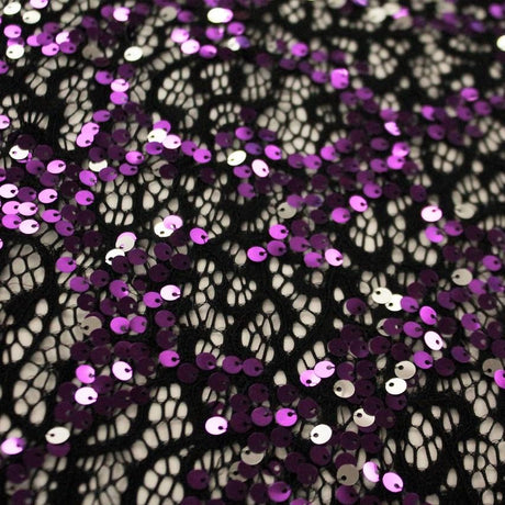 Tango Stretch Lace Sequin Fabric - Black/Fuchsia/Red, Black/Purple/Silver, Black/Red/Gold, Black/Turquoise/Gold, 54/55" Cut Width, 48/49" Usable Width (1 Yard)