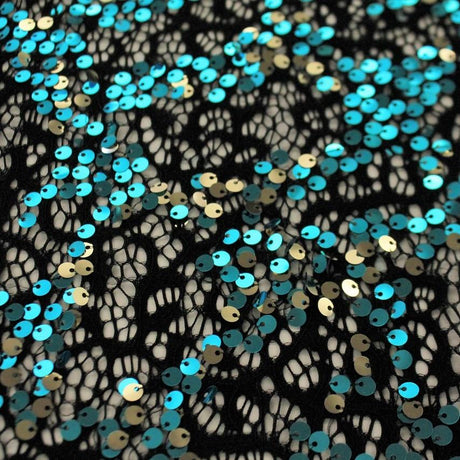 Tango Stretch Lace Sequin Fabric - Black/Fuchsia/Red, Black/Purple/Silver, Black/Red/Gold, Black/Turquoise/Gold, 54/55" Cut Width, 48/49" Usable Width (1 Yard)