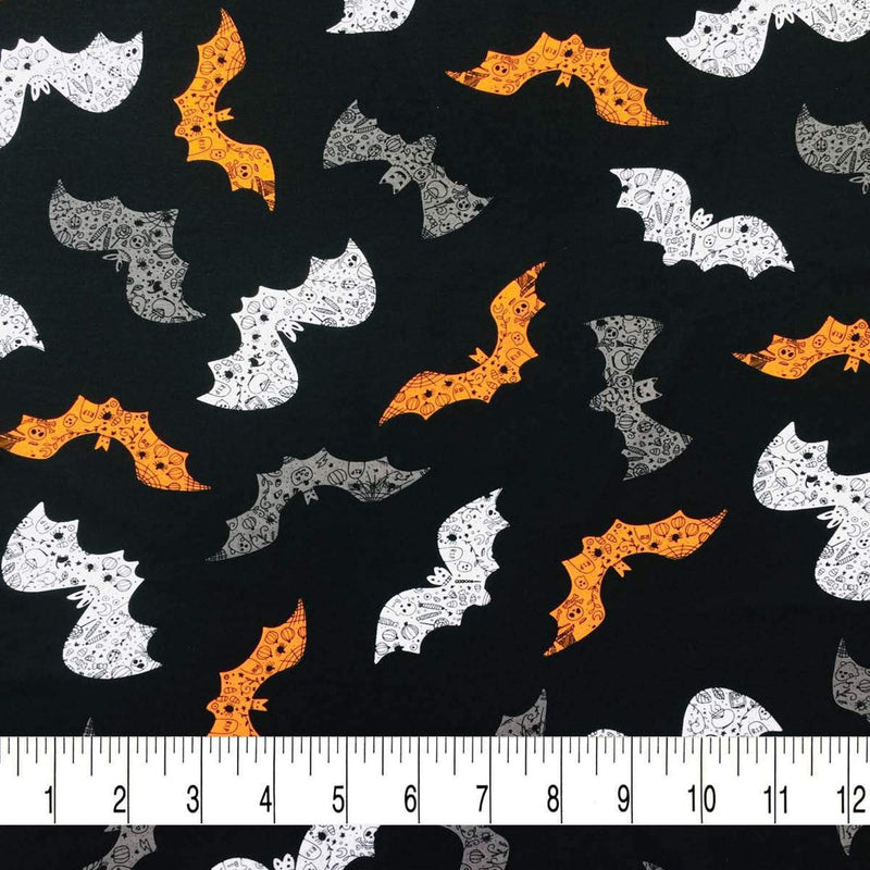 Cotton Knit Tattoo Bat Skull Halloween Fabric