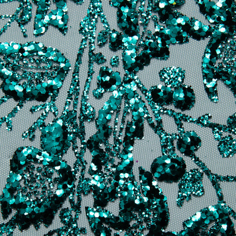 1 Yard Tulle Lace Fabric with Glitter and Floral Pattern, 58" Wide