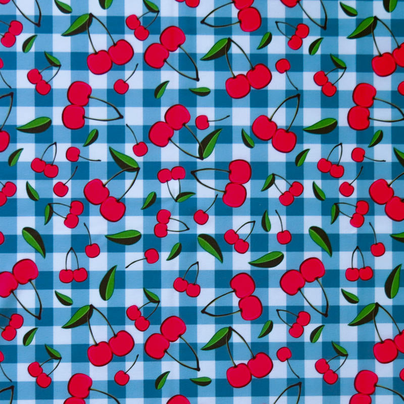 Swim Knit Cherries on Teal Gingham Poly Spandex