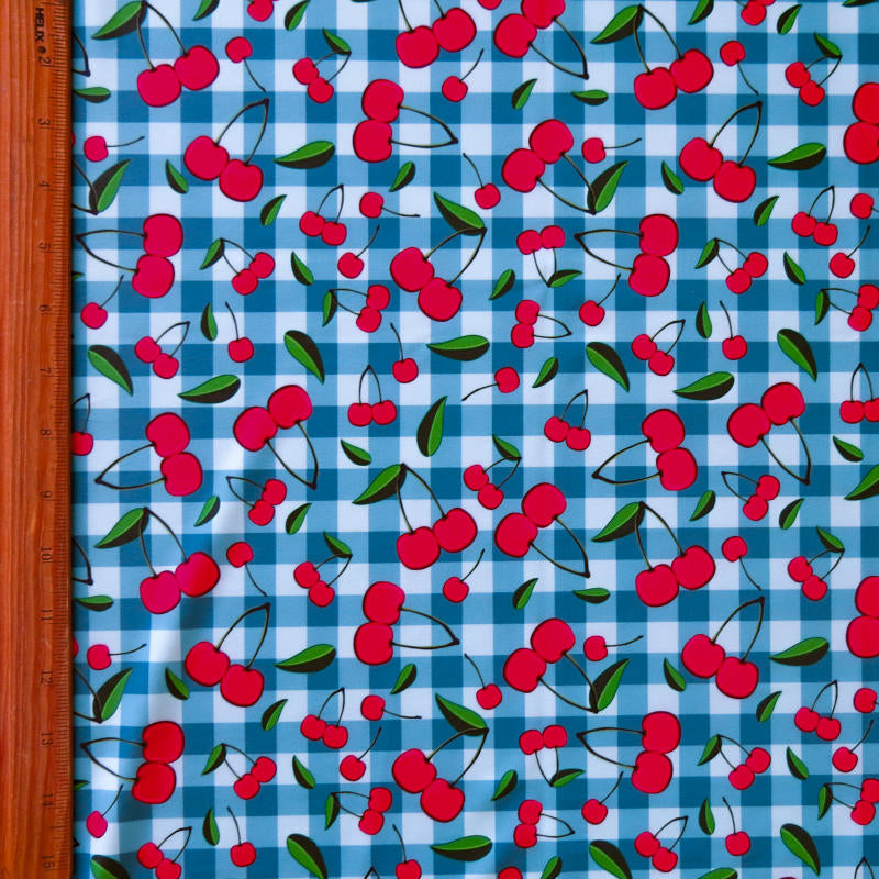 Swim Knit Cherries on Teal Gingham Poly Spandex