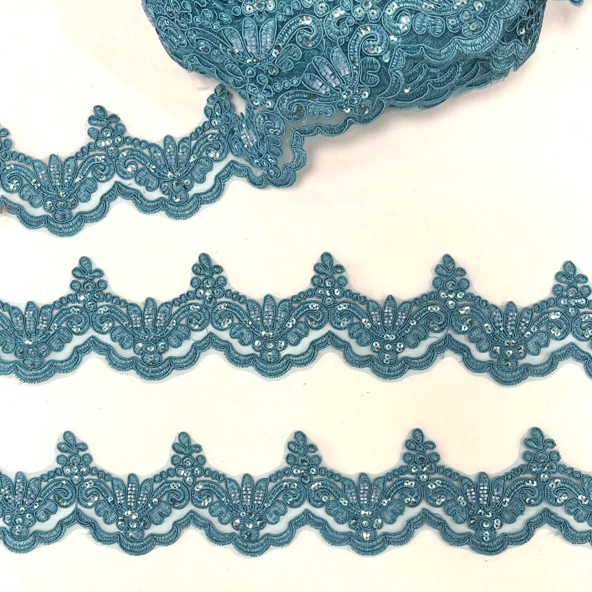 Beaded Corded Lace Trim on Polyester Net Mesh 3" Wide