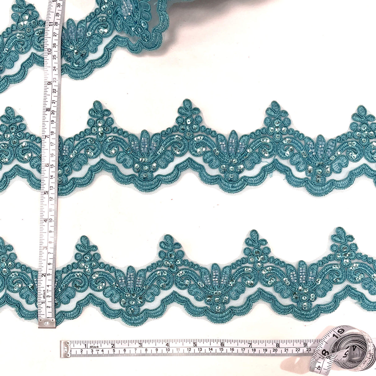 Beaded Corded Lace Trim on Net Mesh