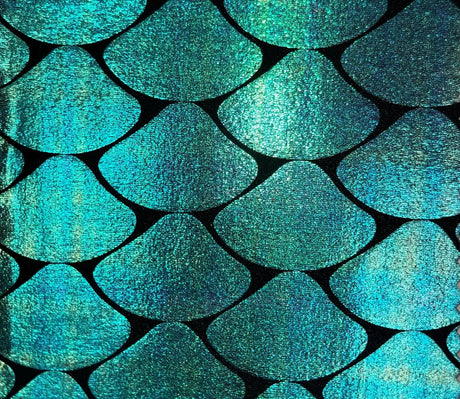 8 Colors Shiny Holographic Foil Mermaid Scales Pattern On Black Stretch Nylon Spandex Shiny Tricot Fabric - Black, Mermaid Scales, 58 To 60 Inches Wide