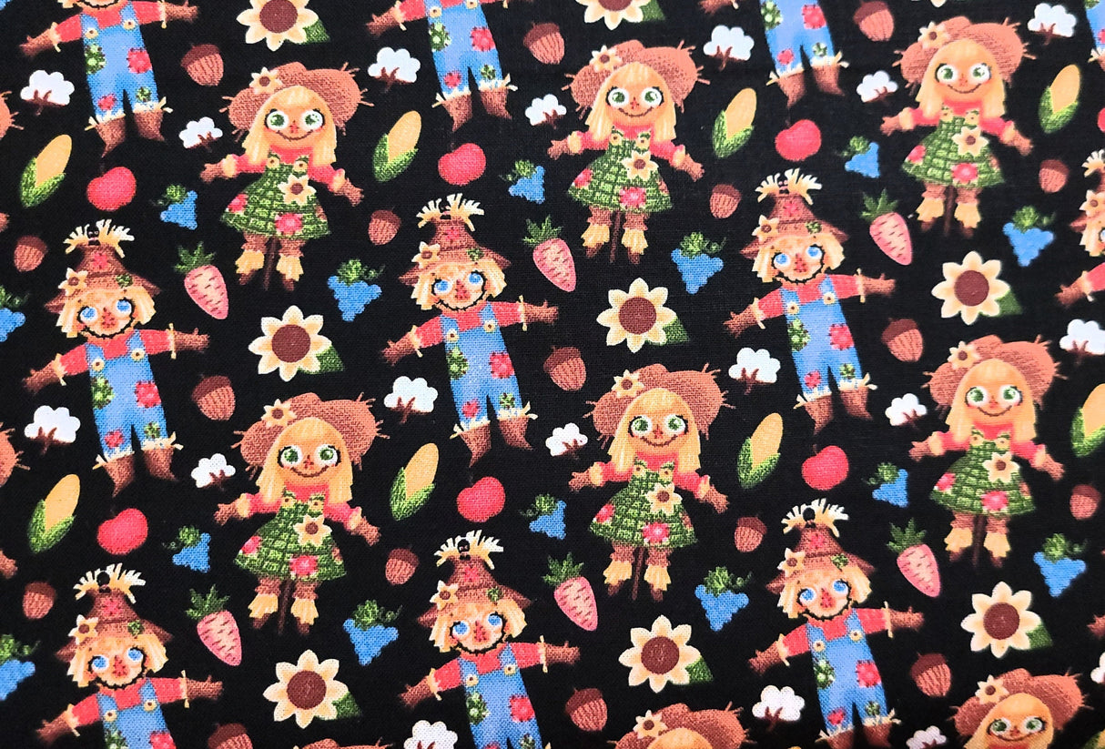 Quilting Cotton Thanksgiving Harvest Scarecrows on Black