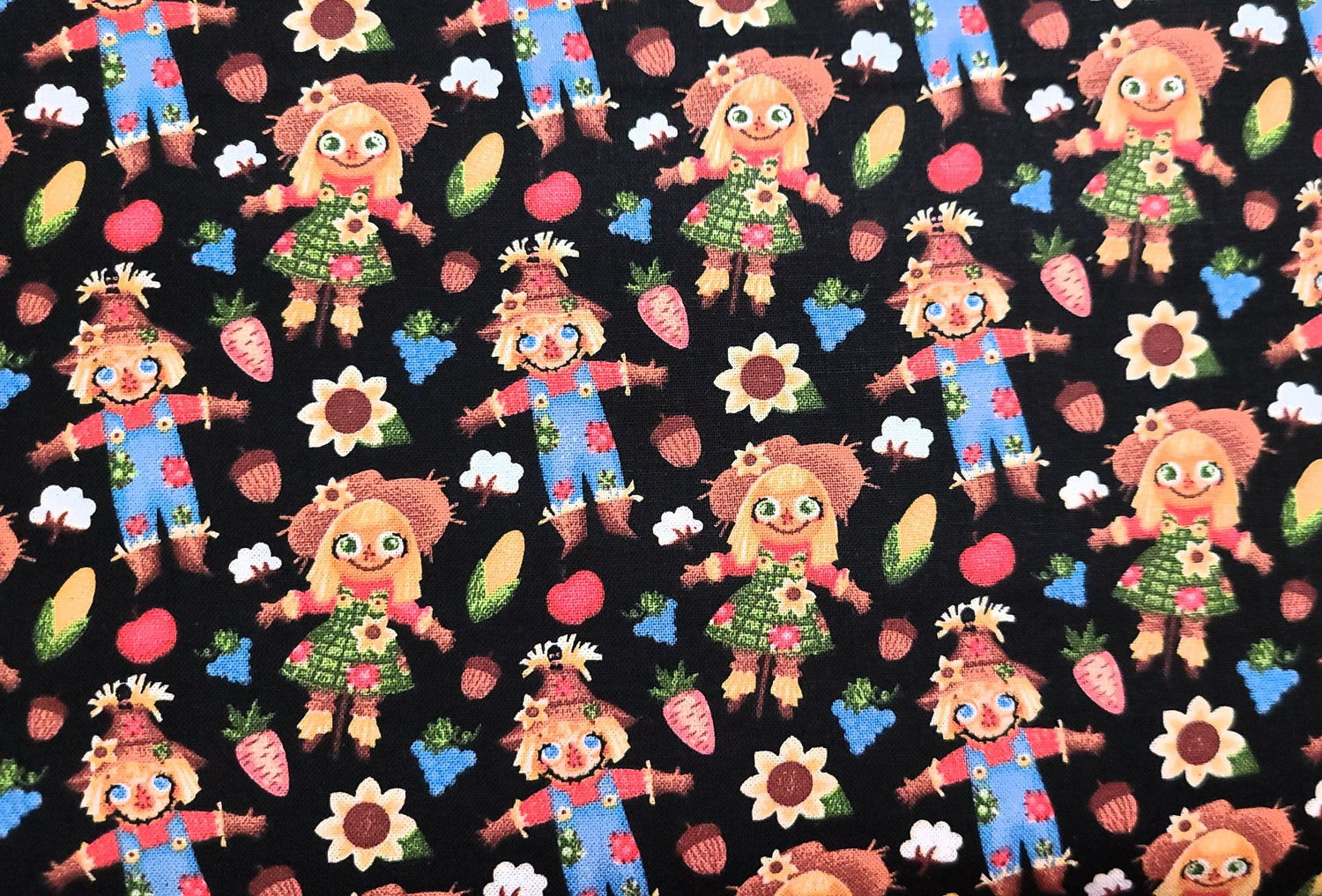 Quilting Cotton Thanksgiving Harvest Scarecrows on Black