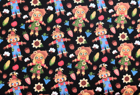 Quilting Cotton Thanksgiving Harvest Scarecrows on Black