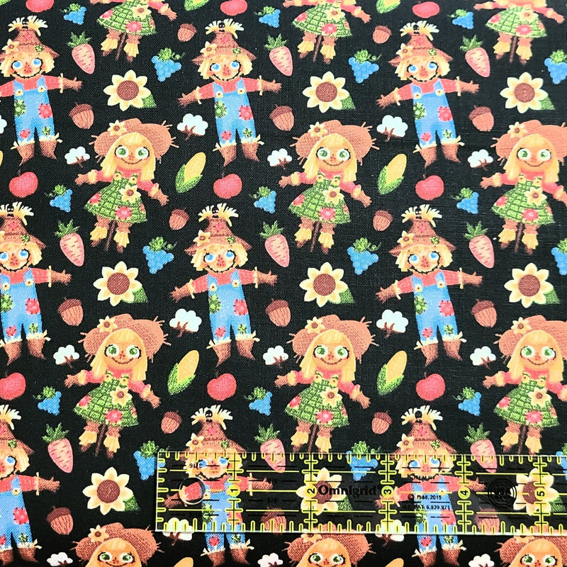 Quilting Cotton Thanksgiving Harvest Scarecrows on Black