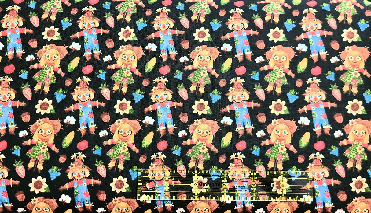 Quilting Cotton Thanksgiving Harvest Scarecrows on Black