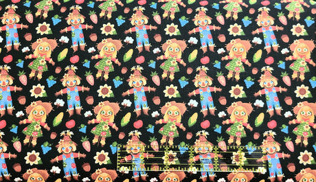 Quilting Cotton Thanksgiving Harvest Scarecrows on Black