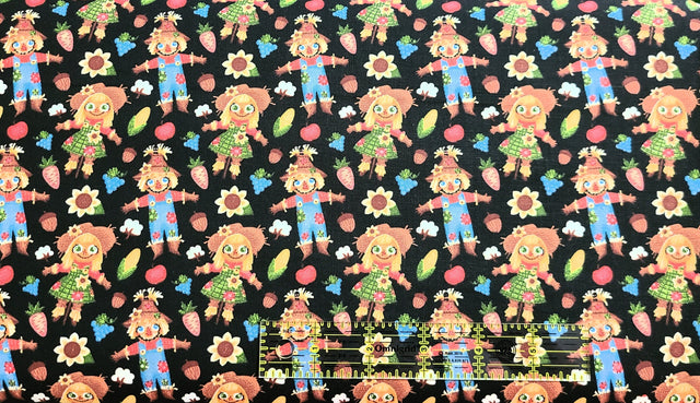 Quilting Cotton Thanksgiving Harvest Scarecrows on Black