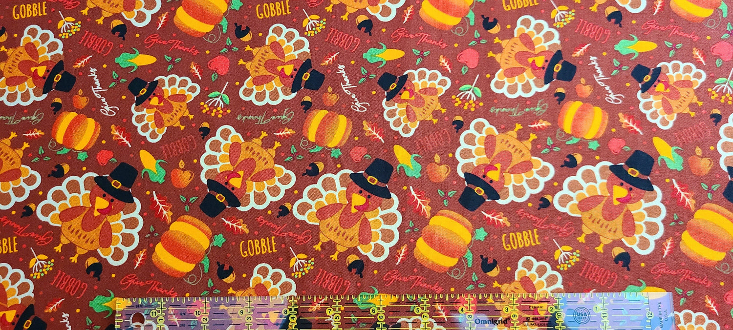 Quilting Cotton Thanksgiving Harvest Turkey Pumpkin Print