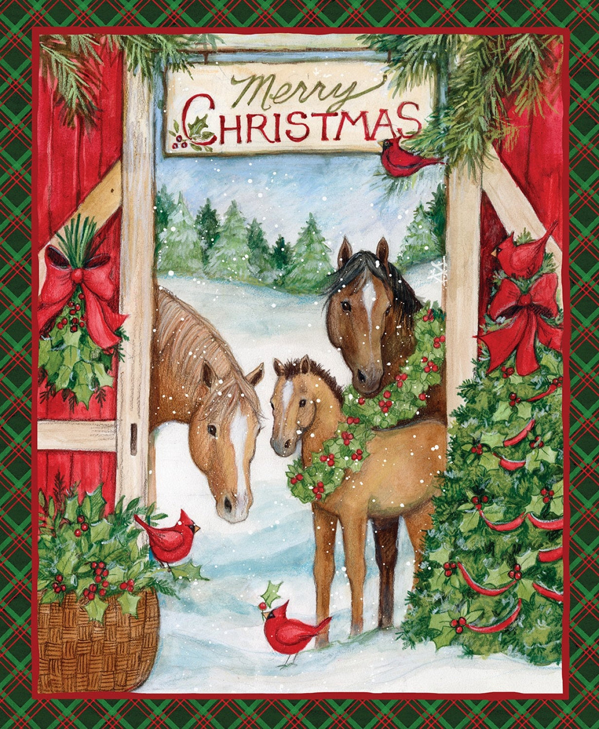 Fabric Panel Three Horses Christmas Susan Winget