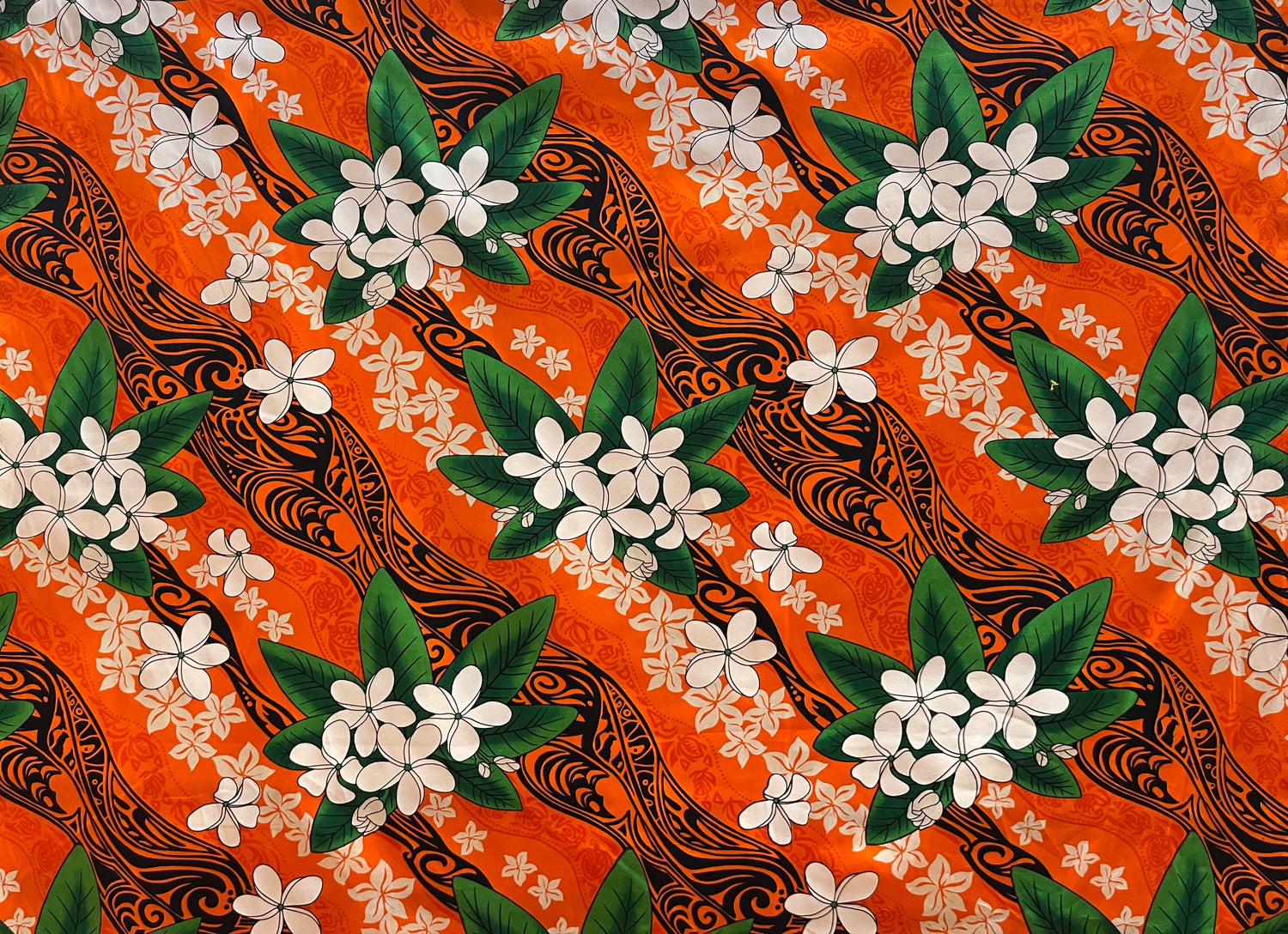 Tiare & Banana Leaf Tribal Design Cotton Fabric - Tribal Botanical Print, 45" Width (1 Yard)