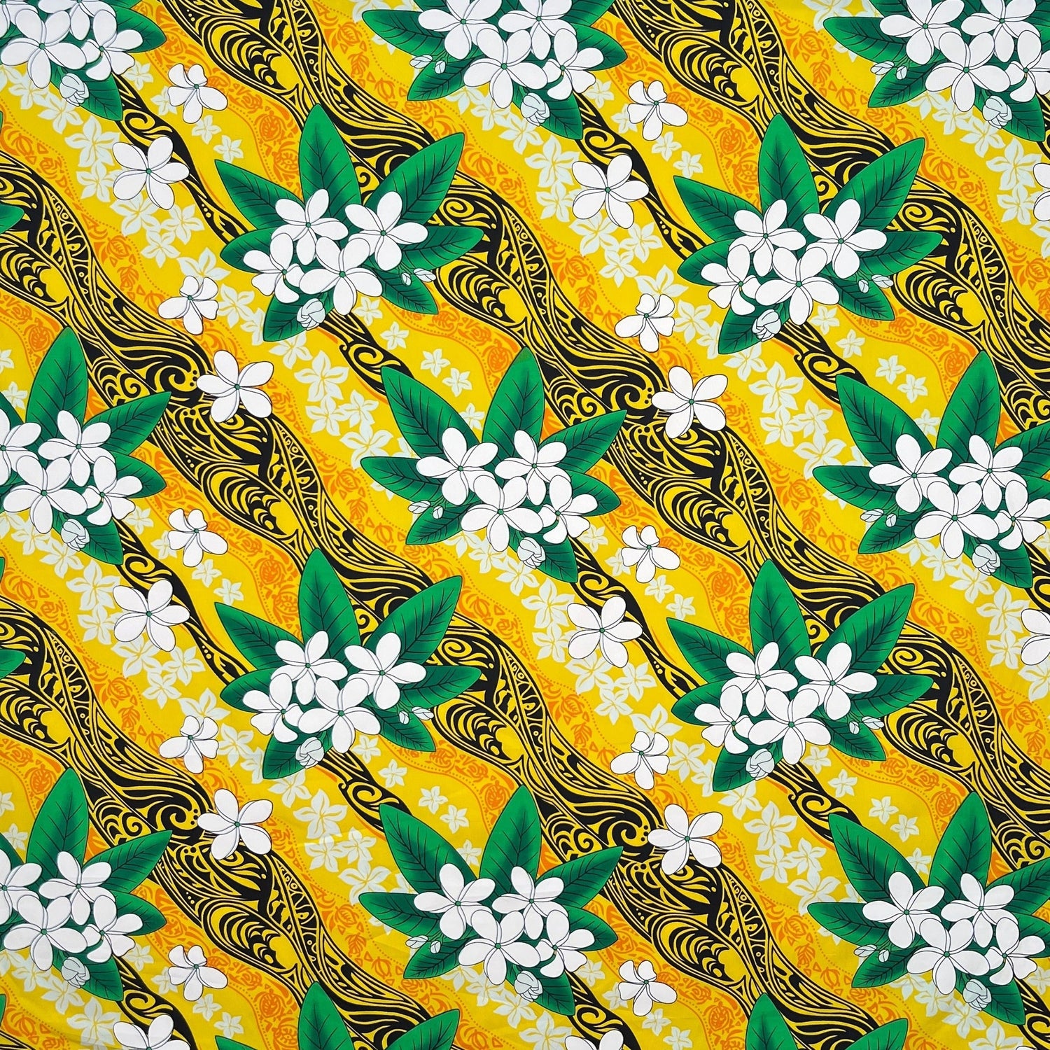 Tiare & Banana Leaf Tribal Design Cotton Fabric - Tribal Leaf Print, 45" Width (1 Yard)