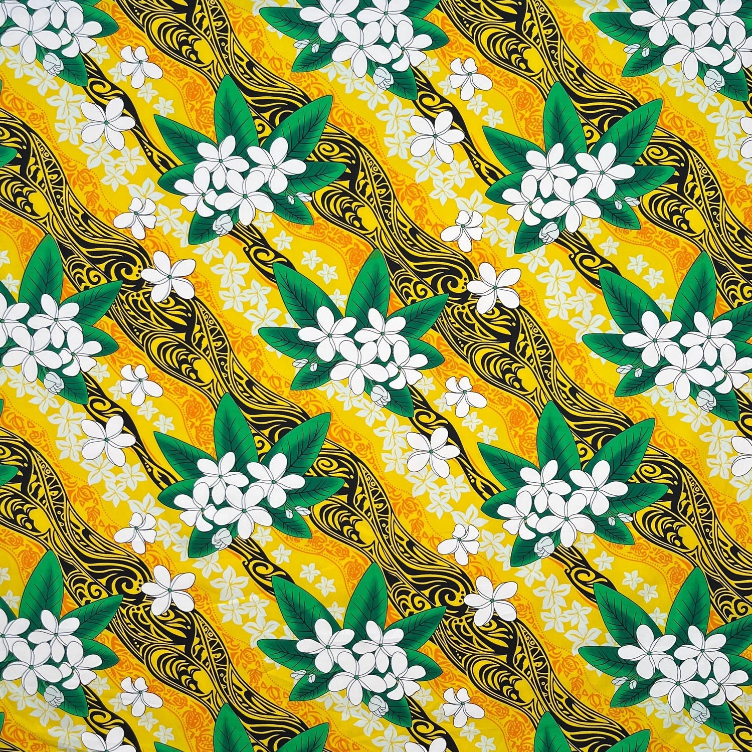 Tiare & Banana Leaf Tribal Design Cotton Fabric - Tribal Botanical Print, 45" Width (1 Yard)