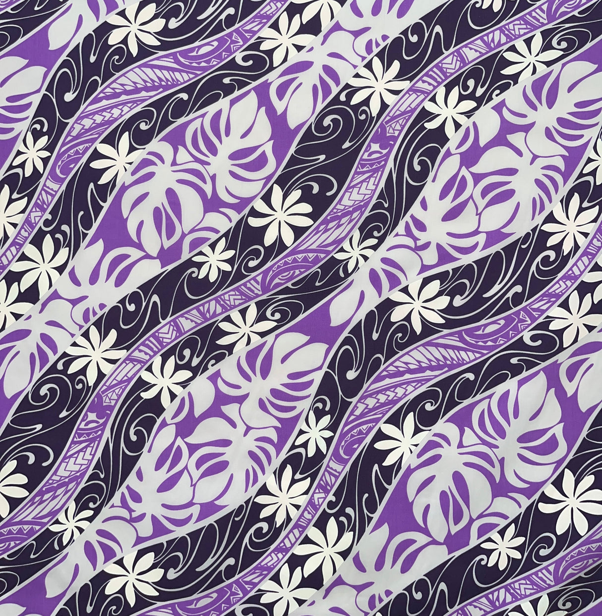 Tiare Monstera Traditional Tattoo Poly Cotton Fabric - Tiare And Monstera Leaf Print, 36 X 45IN (1 Yard)