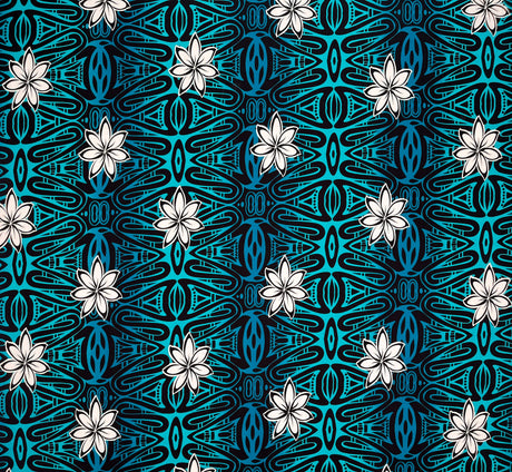 Tiare Polynesian Geometric Design Cotton Fabric - Grey, Blue, Green, Purple, Geometric Pattern, 36" X 45" (1 Yard)