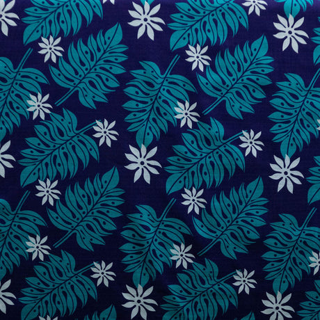 Tiare & Split Leaf Cotton Fabric - Light Barkcloth, White Background, Tropical Floral Leaf Print, 36" X 45" (1 Yard)
