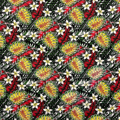 Tiare Split Leaf Monstera Poly-Cotton Fabric - Tropical Monstera And Tiare Print, 36" X 45" (1 Yard)