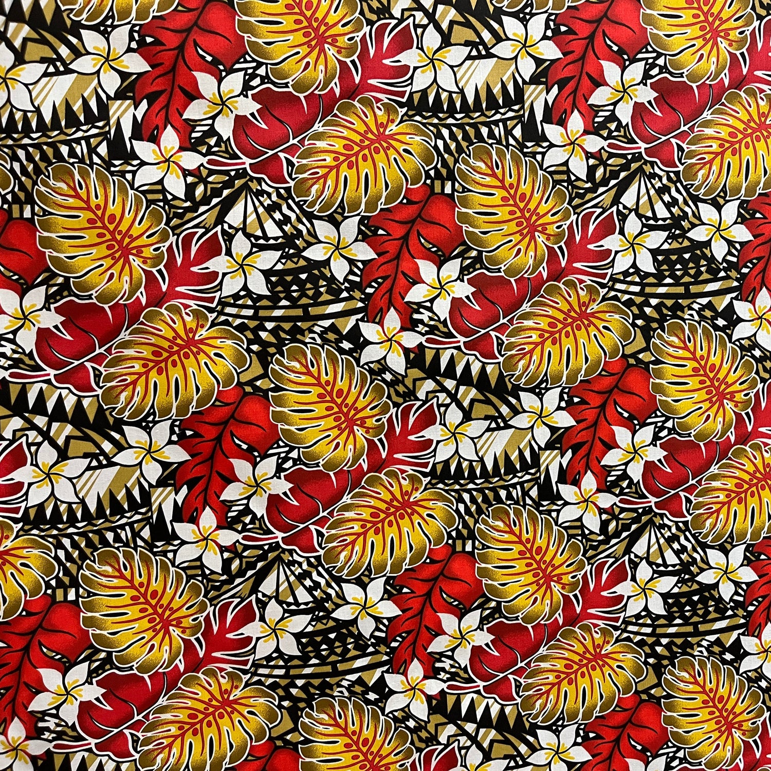 Tiare Split Leaf Monstera Poly-Cotton Fabric - Tropical Monstera And Tiare Print, 36" X 45" (1 Yard)