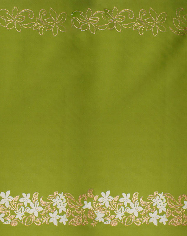 Tiare & Swirls Double Border Polyester Fabric - White Tiare Flowers, Swirls, Gold Glitter, 36" X 60" (1 Yard)