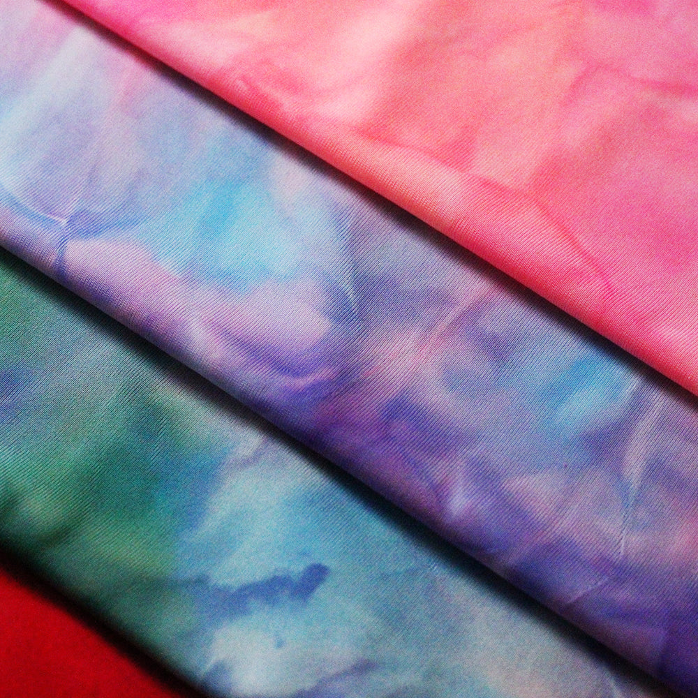 Tie Dye Tricot Poly Spandex Fabric - Firefly, Purple Power, Candy Craze, Volcano, Sun Rays, Tie-Dye Pattern, 58/60" Width (1 Yard)