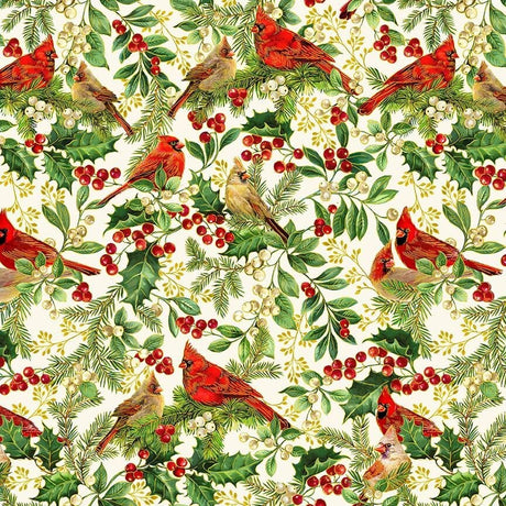 Quilting Cotton Cardinal on Branches Deck the Halls Collection Metallic Christmas Timeless Treasures