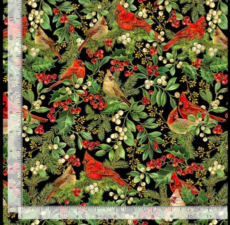 Quilting Cotton Cardinal on Branches Deck the Halls Collection Timeless Treasures