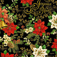 Quilting Cotton Deck the Halls Christmas Bell Poinsettia Metallic Black Timeless Treasures