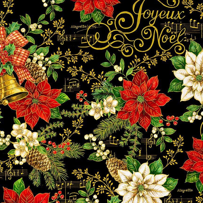Quilting Cotton Deck the Halls Christmas Bell Poinsettia Metallic Black Timeless Treasures
