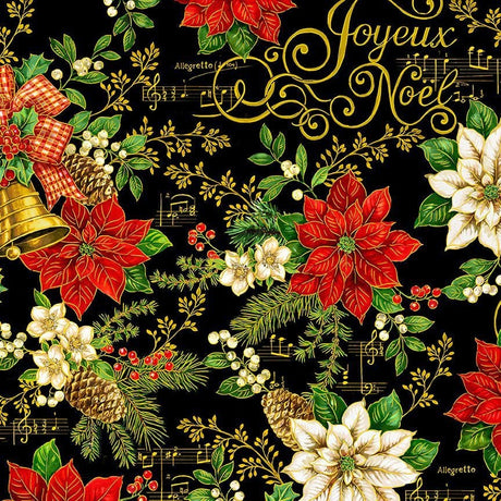 Quilting Cotton Deck the Halls Christmas Bell Poinsettia Metallic Black Timeless Treasures