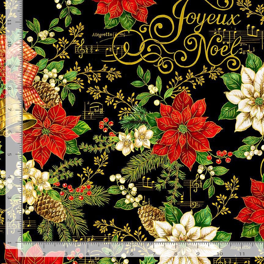 Quilting Cotton Deck the Halls Christmas Bell Poinsettia Metallic Black Timeless Treasures