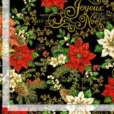 Quilting Cotton Deck the Halls Christmas Bell Poinsettia Metallic Black Timeless Treasures
