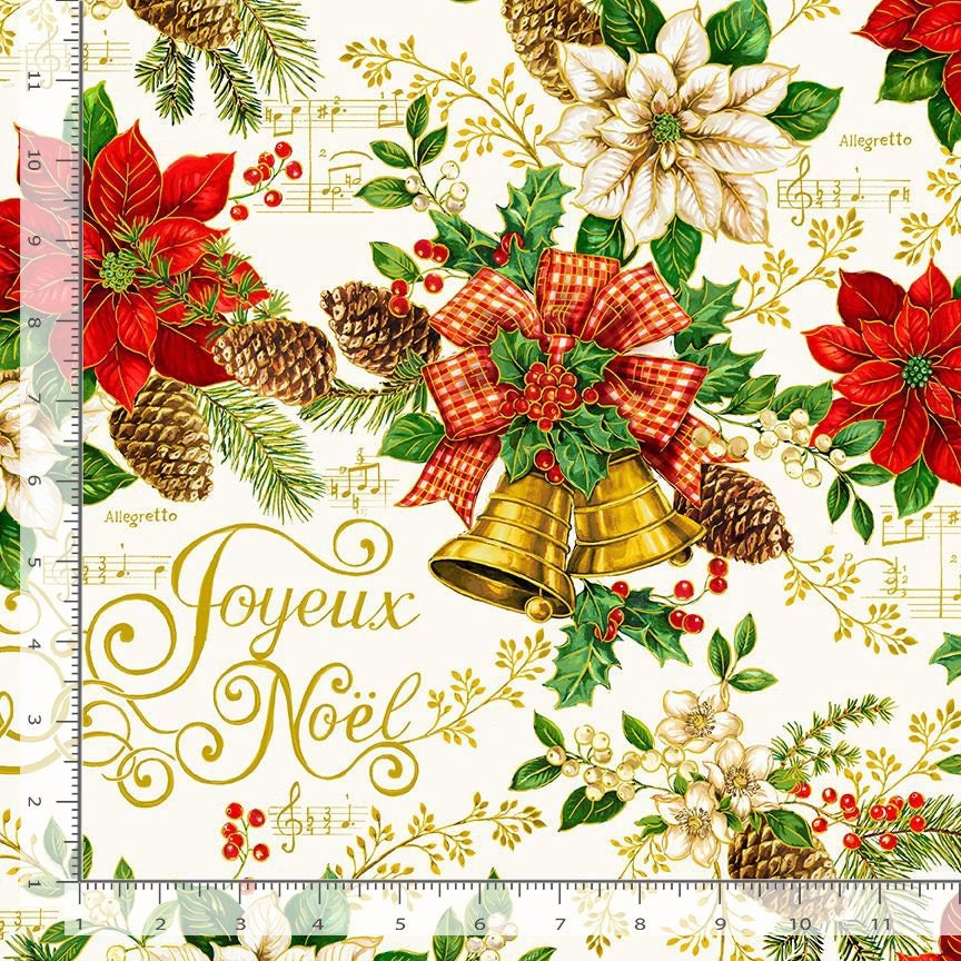 Quilting Cotton Deck the Halls Christmas Bell Poinsettia Print Timeless Treasures
