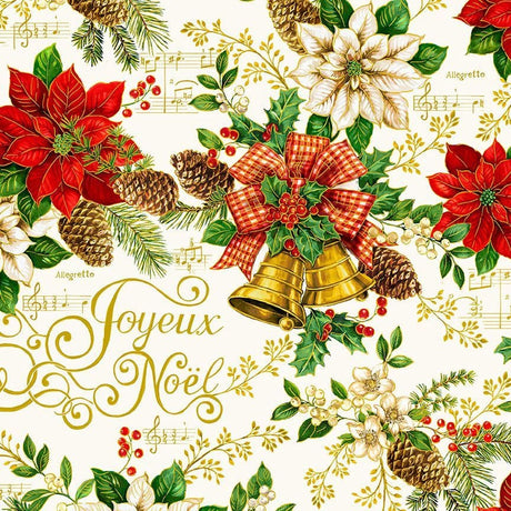 Quilting Cotton Deck the Halls Christmas Bell Poinsettia Print Timeless Treasures
