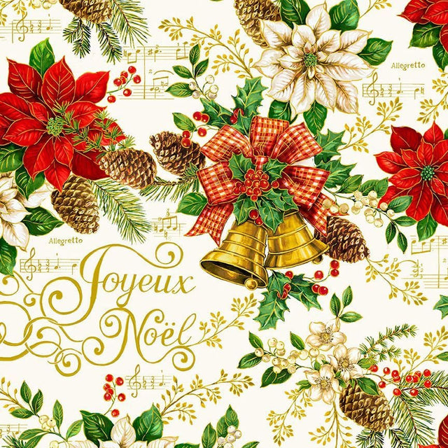 Quilting Cotton Deck the Halls Christmas Bell Poinsettia Print Timeless Treasures