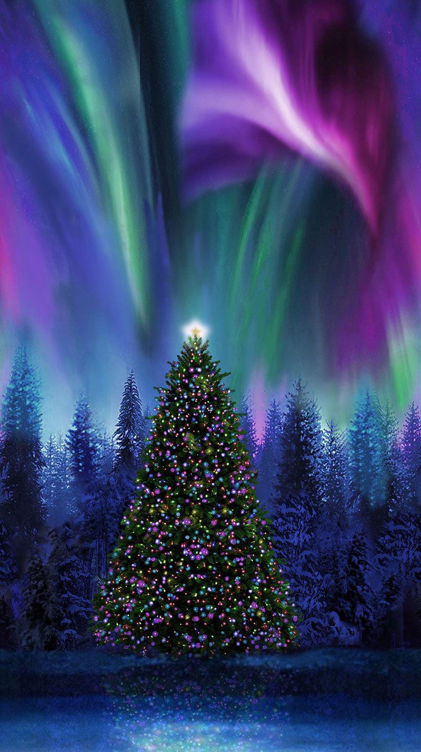 Fabric Panel Aurora Borealis Christmas Tree Multi Timeless Treasures