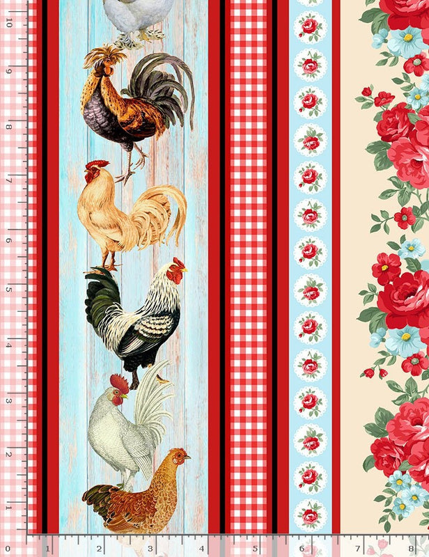 Quilting Cotton Farm Fresh Chicken and Roses 11 Inch Stripe Multi
