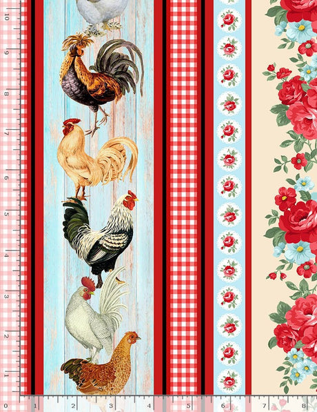 Quilting Cotton Farm Fresh Chicken and Roses 11 Inch Stripe Multi