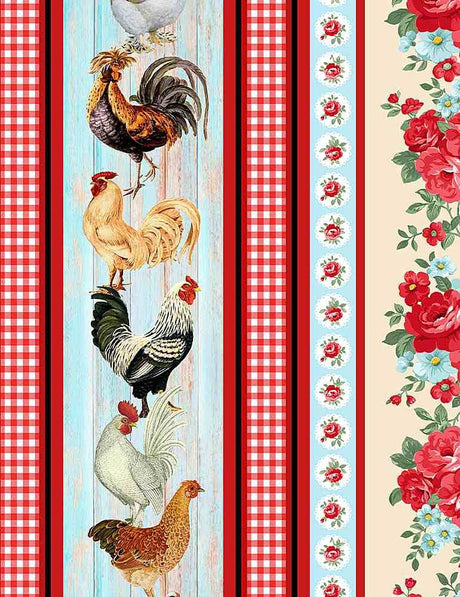 Quilting Cotton Farm Fresh Chicken and Roses 11 Inch Stripe Multi