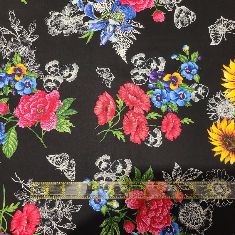 Quilting Cotton Garden Journal Floral Black Spaced Bouquets
