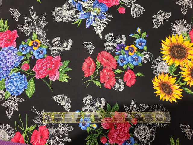 Quilting Cotton Garden Journal Floral Black Spaced Bouquets