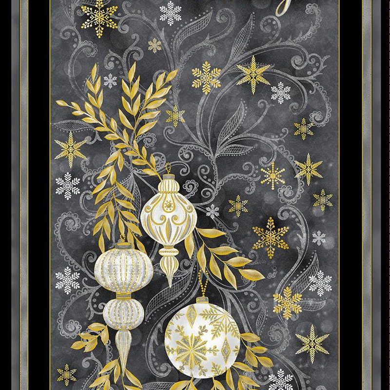 Fabric Panel Happy Holidays Grey Metallic Timeless Treasures